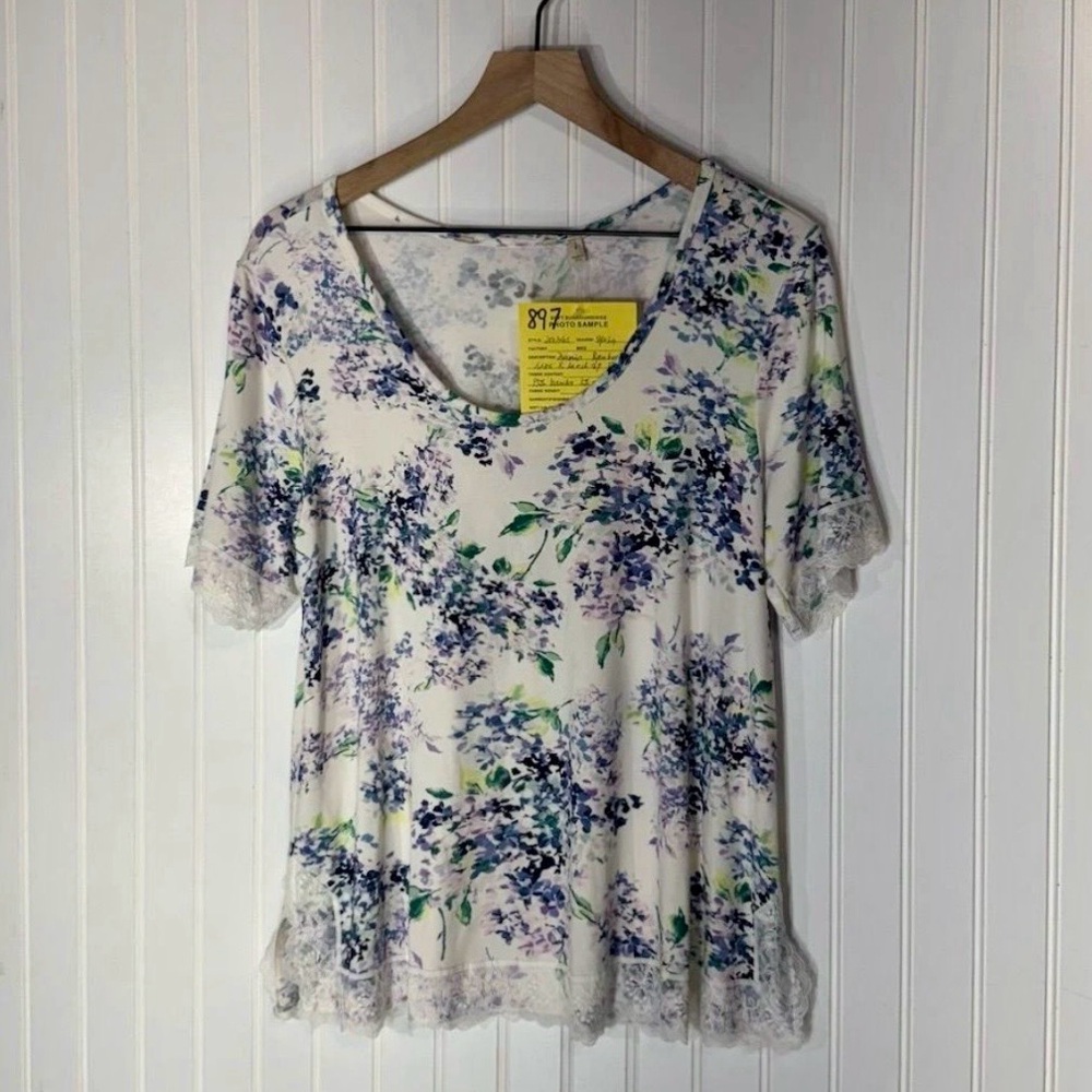 Soft Surroundings Zvania Bamboo Lace Trim Tee S Wisteria Purple Floral New Rare